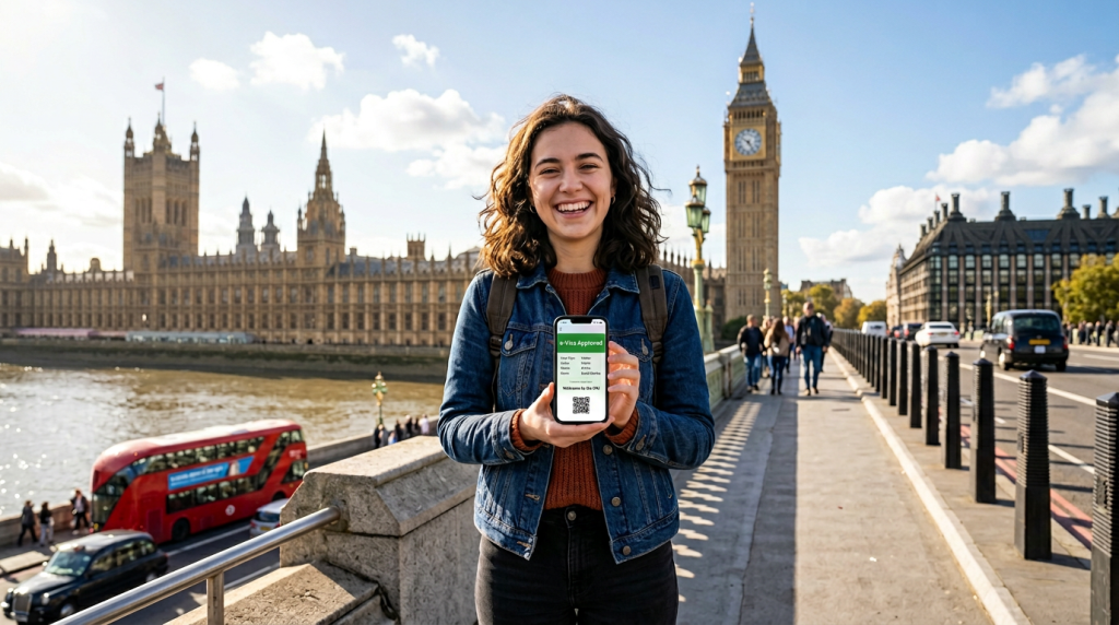 Мандрівник у Лондоні з підтвердженою e-Visa на смартфоні біля Біг Бена
